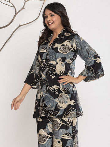 Varanga Women Floral Printed Front Placket Shirt with Flared Palazzo